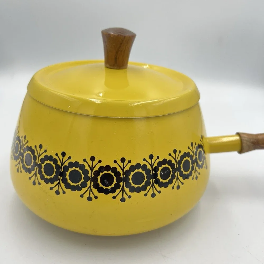 MCM Sauce Pan Pot Mustard Yellow Enamel Lid Wood‎ Handle Japan Vtg